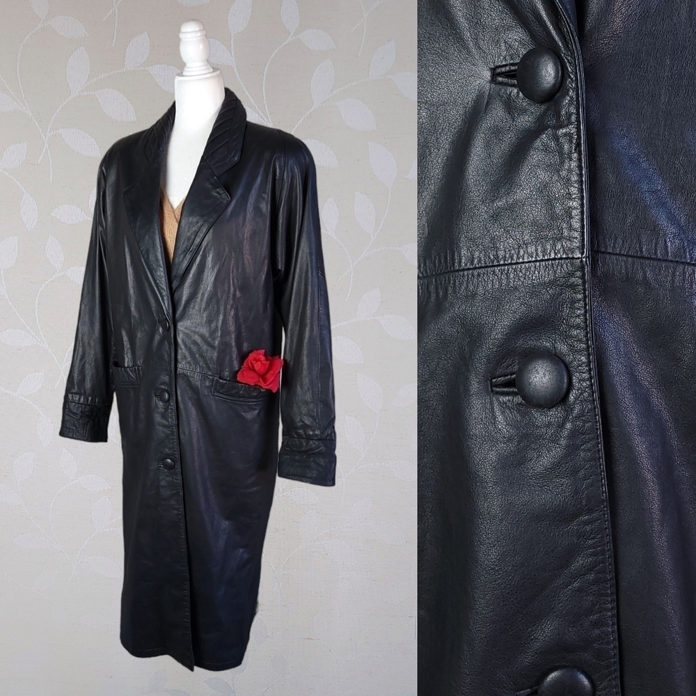 Vintage Napa Leather Longline Button Front Trench Coat Jacqueline Ferrar Black S